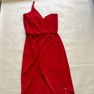 ASOS Vibrant Red One-Shoulder Wrap High Low Asymmetrical Dress
